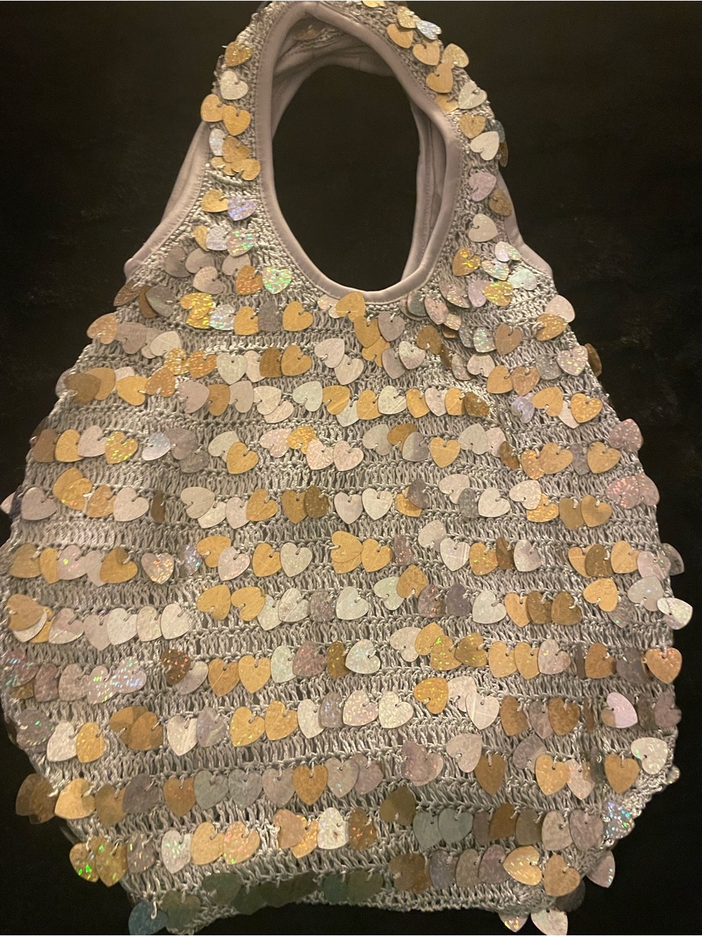 Sparkle Heart Sequin Crochet Tote in Gold & Silver